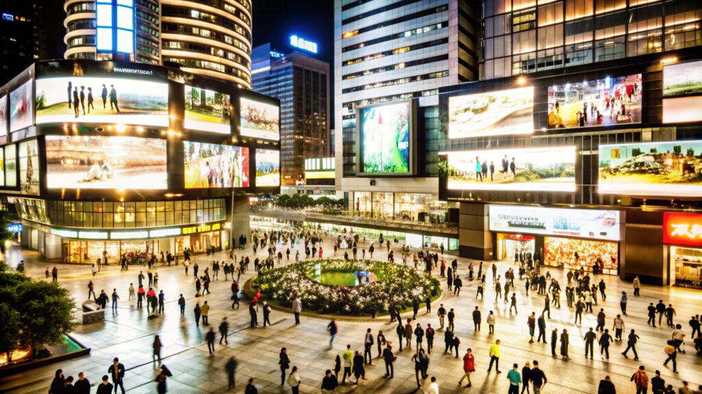 Crowded city square at night with illuminated buildings.