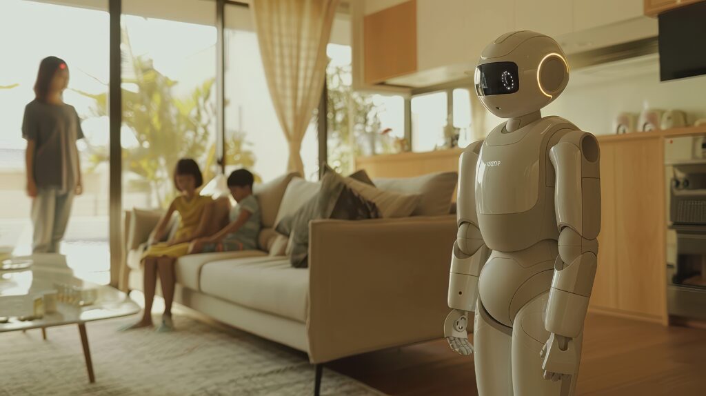 A family interacts with a humanoid robot in a modern living room during a sunny afternoon