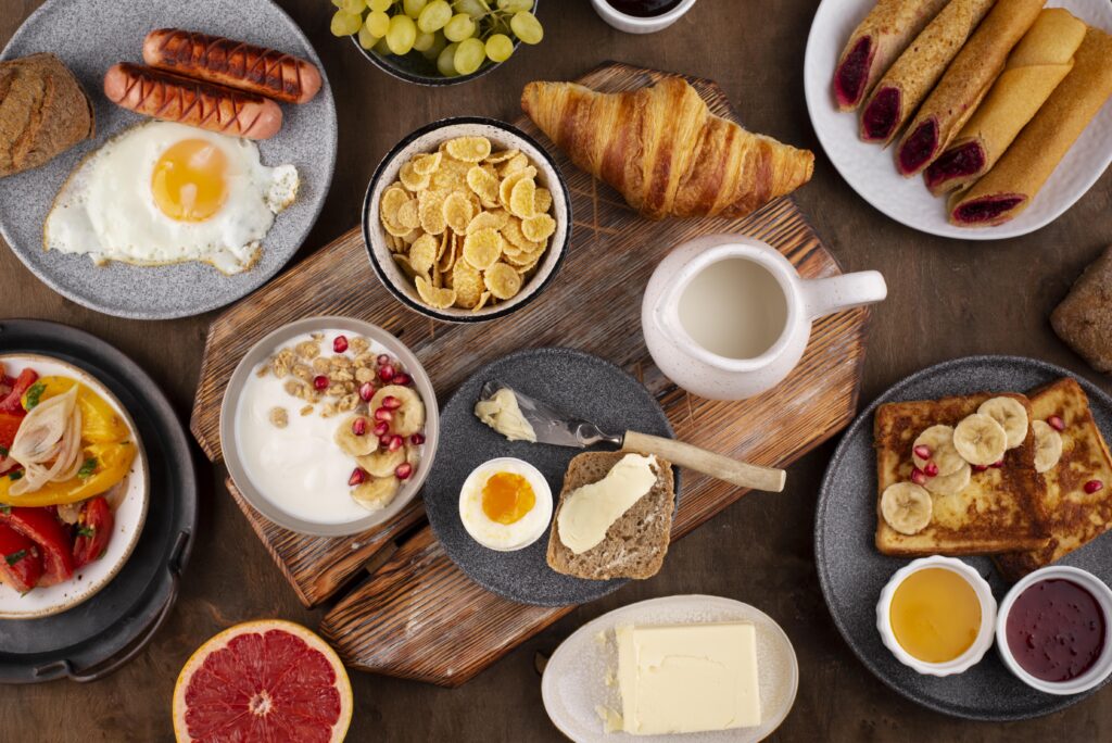 Flat lay table full delicious food composition