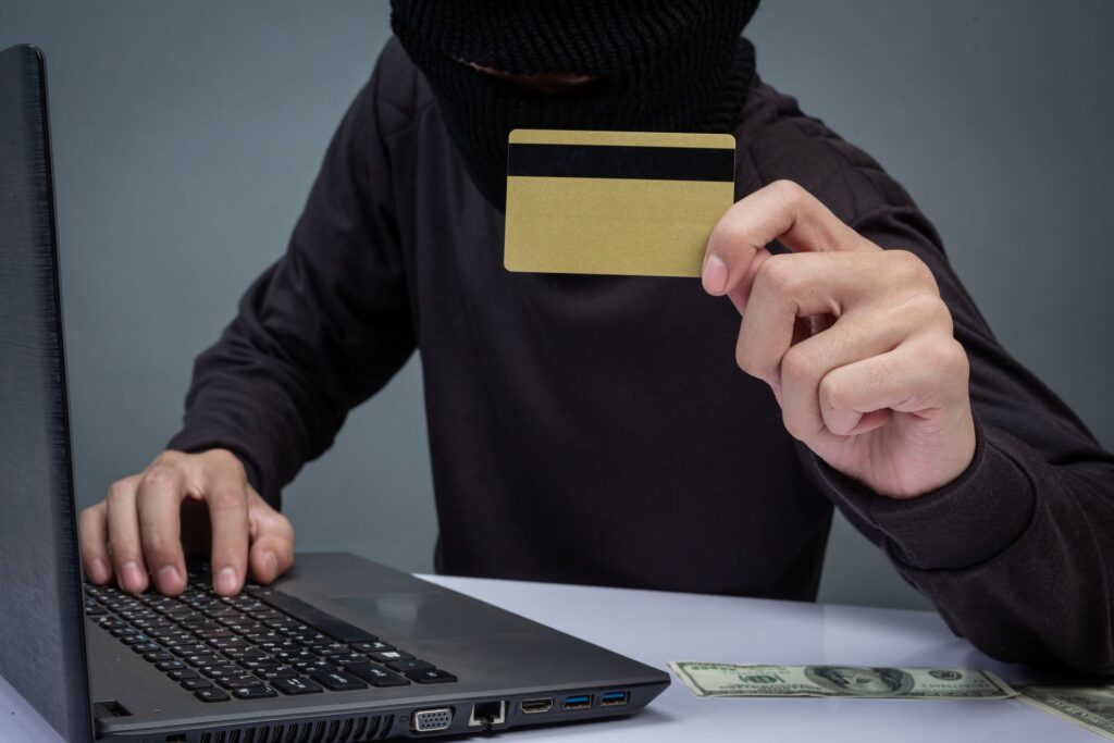 Thieves hold credit cards using laptop computer password hacking activities