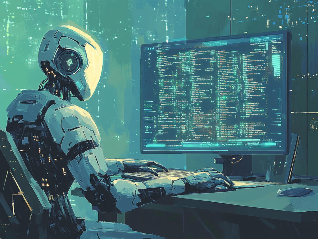 人工智慧系統在電腦螢幕前自動生成程式碼,呈現 AI 程式設計自動化的概念示意圖。