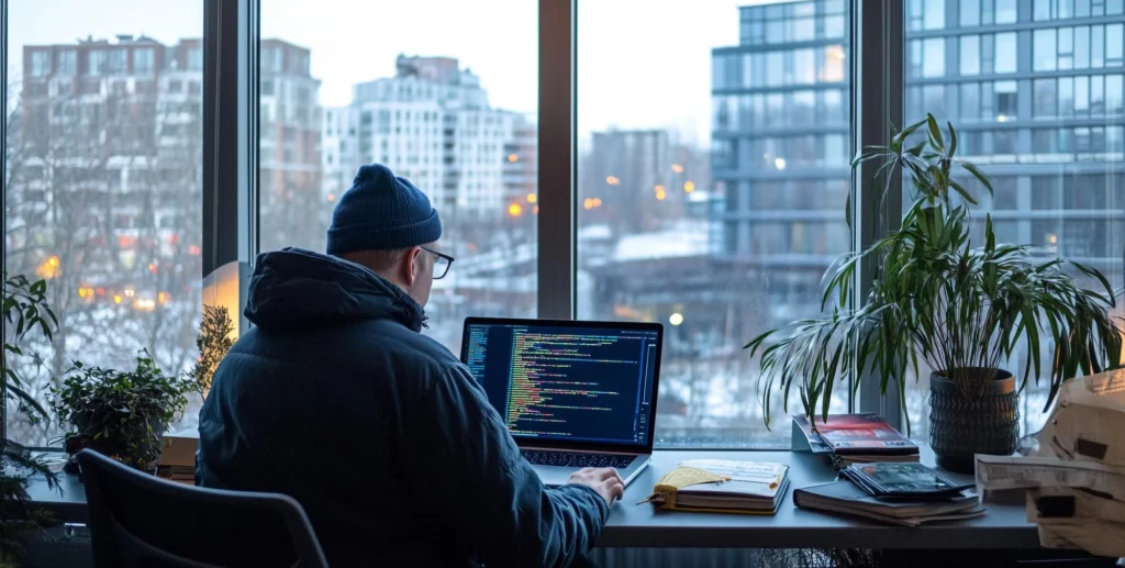 男子在窗邊桌前使用筆電撰寫程式碼,螢幕顯示多行程式內容