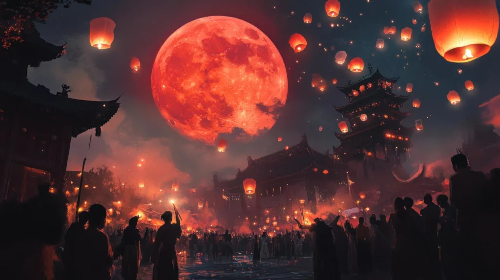 夜空中出現紅色月全食，傳統廟宇與大量天燈在空中升起，民眾聚集於燈會現場